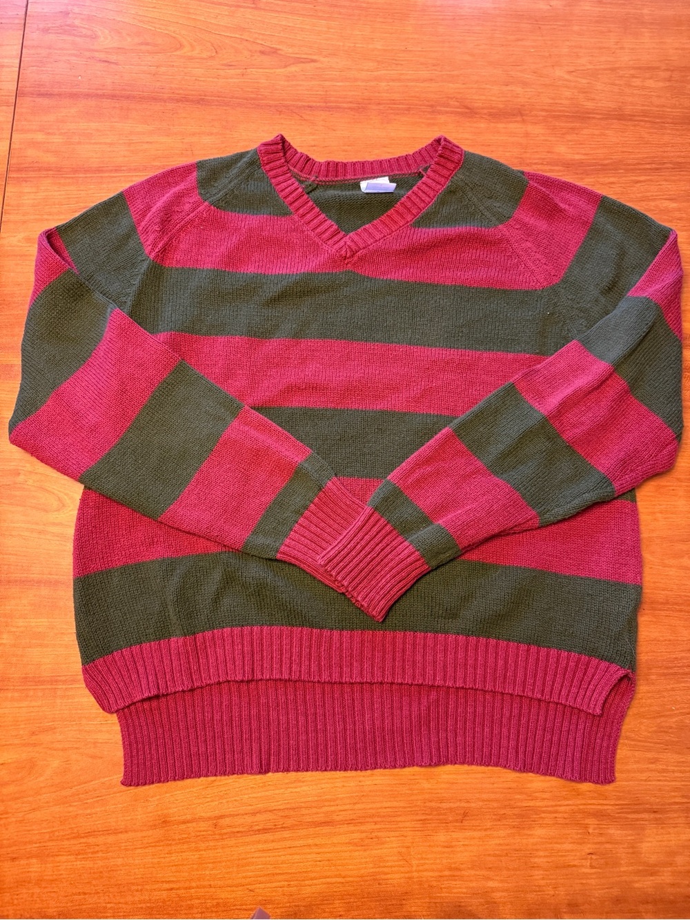 Freddy Kruger Halloween Striped V-Neck Sweater in Burgundy and Dark Green